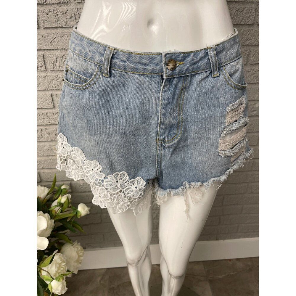 SHEIN Women Light Wash Distressed White Lace Denim Shorts Size L